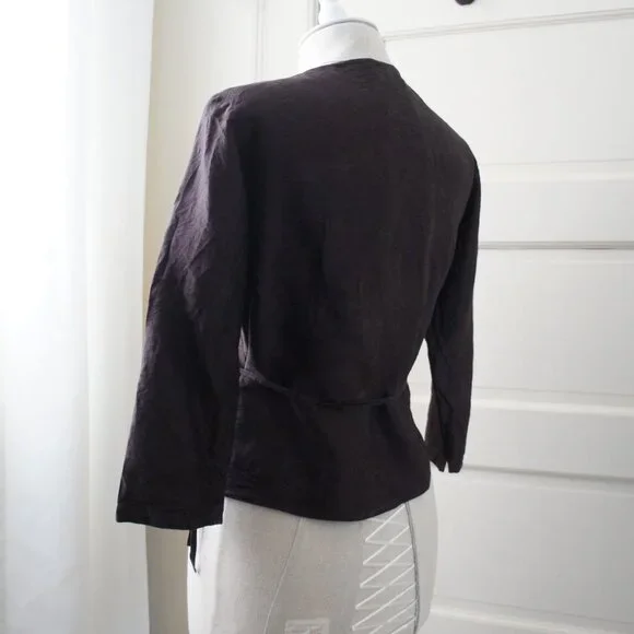 Dark Purple 100% Raw Silk Peplum Belted V Neck Top Size Small - Picture 6 of 12